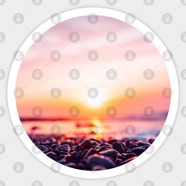 Summer Sunset Bringing Out Shades Of Pink, Gold And Orange In The Sky, Ocean And Beach Pebbles Sticker by AishwaryaMathur